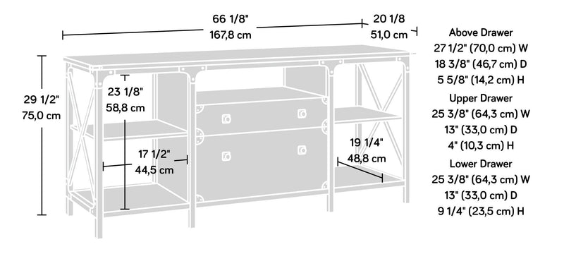 Grand bahut Steel River de 66,06 po de qualité commerciale à 2 tiroirs et tablettes ouvertes - chêne carbone