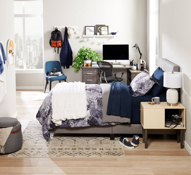 Lit rembourré Tara en tissu d’apparence lin gris avec capitonnage à boutons - format lit simple