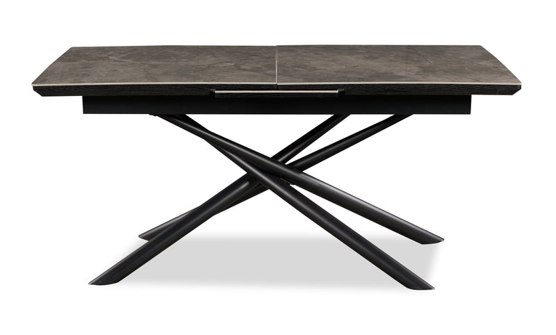 Table de salle à manger Tavo en pierre frittée et métal avec rallonge de 63 po à 79 po (L) et base piédestal géométrique - grise et noire