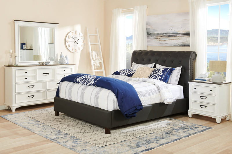 Lit plateforme rembourré Tulsa en tissu de cuir végétalien gris avec capitonnage à boutons - format très grand lit