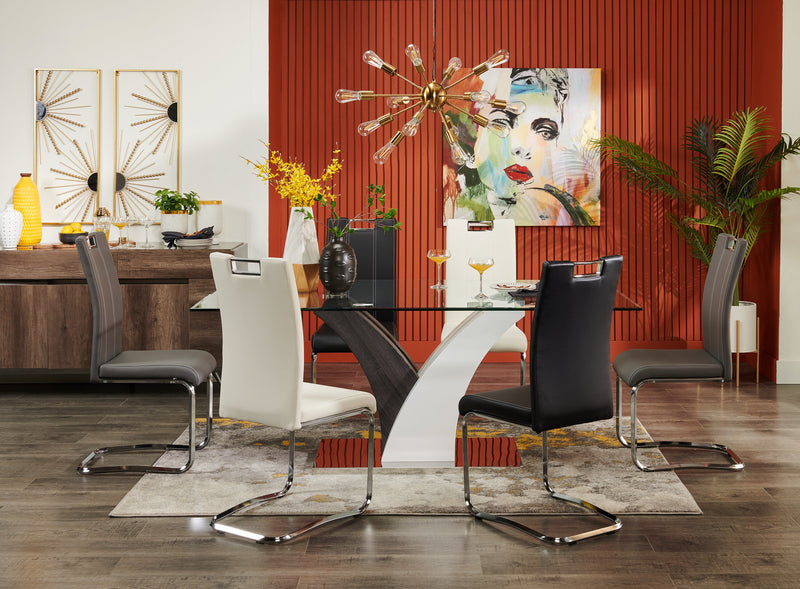 Table de salle à manger Tuxedo de 72 po (L) avec dessus en verre et base piédestal - grise et blanche