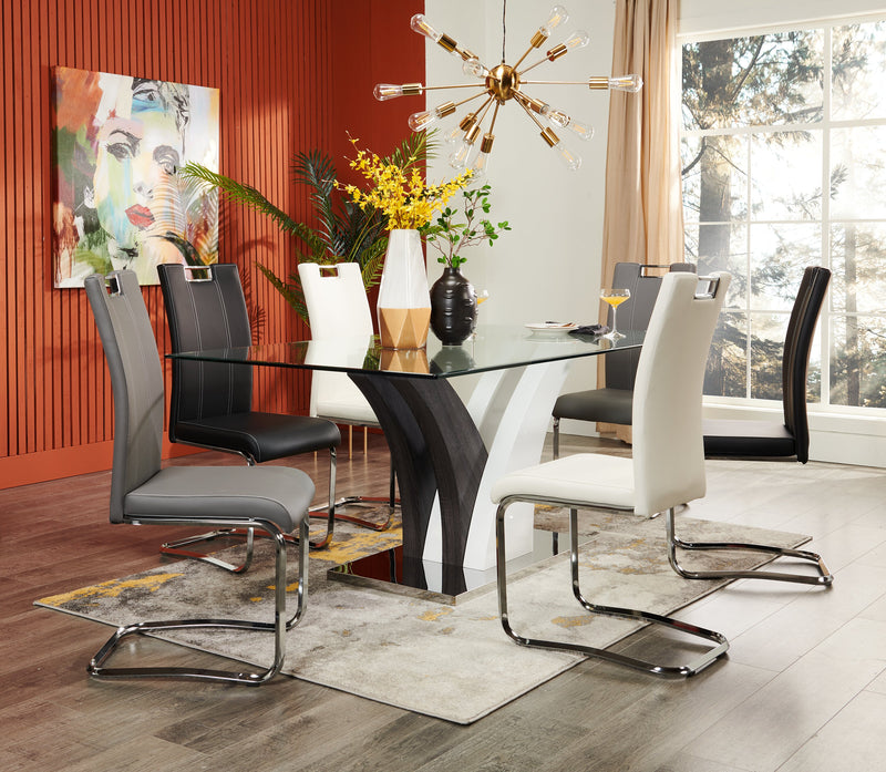 Table de salle à manger Tuxedo de 72 po (L) avec dessus en verre et base piédestal - grise et blanche