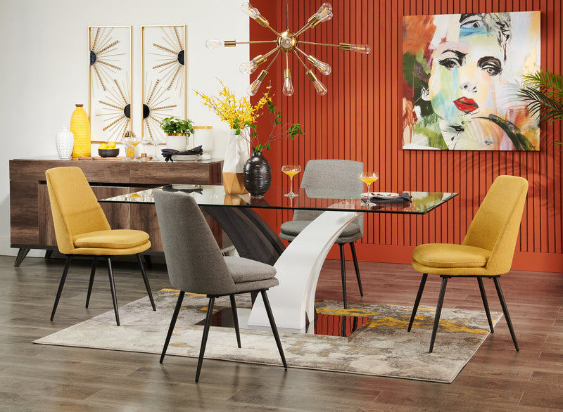 Table de salle à manger Tuxedo de 72 po (L) avec dessus en verre et base piédestal - grise et blanche