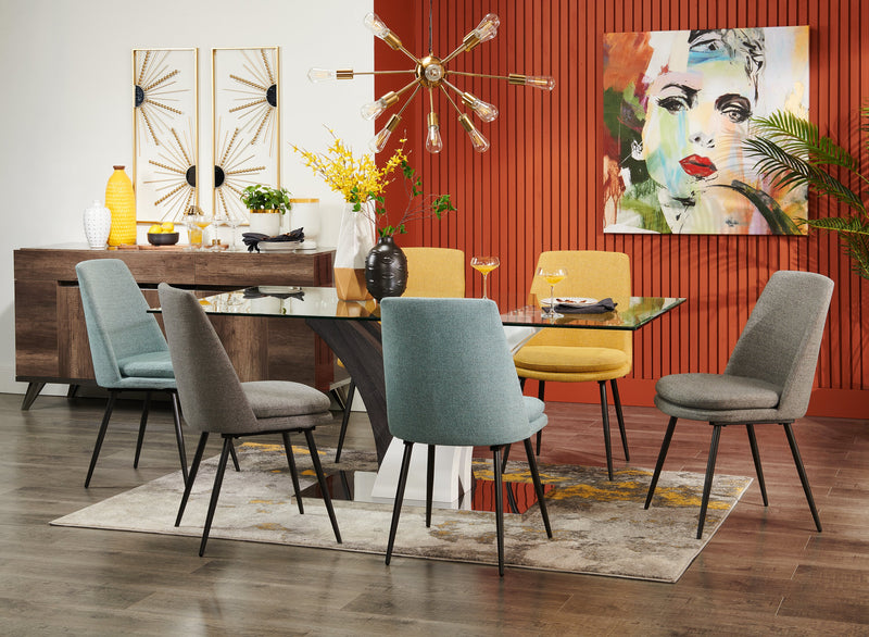 Table de salle à manger Tuxedo de 72 po (L) avec dessus en verre et base piédestal - grise et blanche