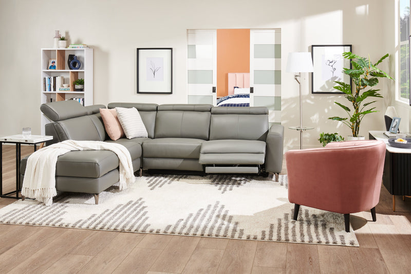 Sofa sectionnel de gauche à inclinaison électrique Valentino 3 pièces en cuir véritable avec appuie-têtes réglables - gris