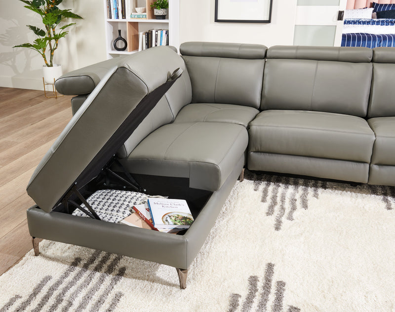 Sofa sectionnel de gauche à inclinaison électrique Valentino 3 pièces en cuir véritable avec appuie-têtes réglables - gris