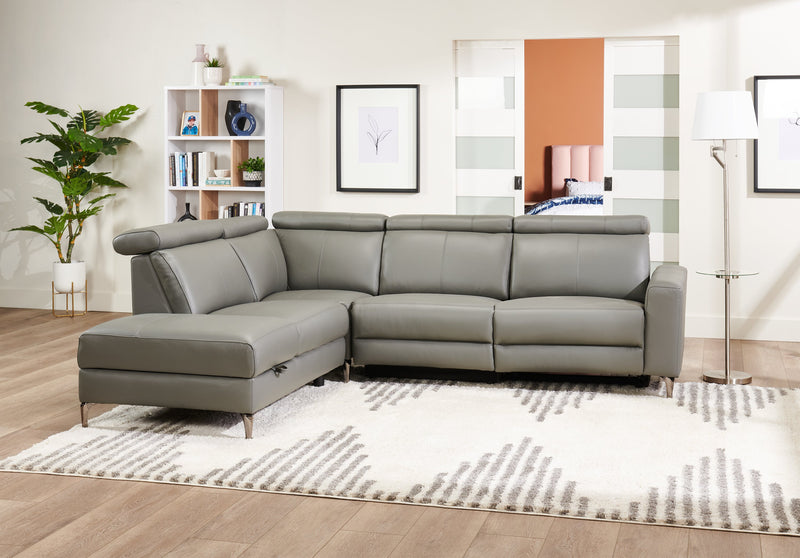 Sofa sectionnel de gauche à inclinaison électrique Valentino 3 pièces en cuir véritable avec appuie-têtes réglables - gris
