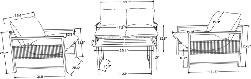 Ensemble Vegas 4 pièces pour la terrasse à l’extérieur avec causeuse, 2 fauteuils et table à café - naturel et noir