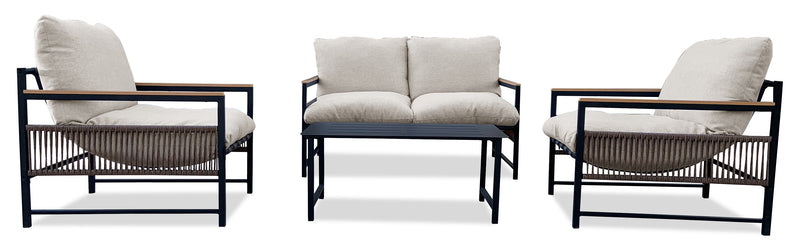 Ensemble Vegas 4 pièces pour la terrasse à l’extérieur avec causeuse, 2 fauteuils et table à café - naturel et noir