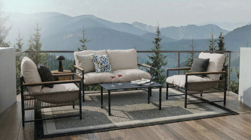 Ensemble Vegas 4 pièces pour la terrasse à l’extérieur avec causeuse, 2 fauteuils et table à café - naturel et noir