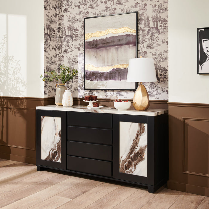 Desserte de salle à manger Vega de 66 po (L) avec rangement et 4 tiroirs - noire et blanche