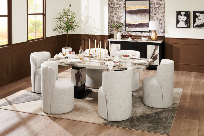 Table de salle à manger Vega de 82 po (L) avec imitation de marbre et base piédestal - noire et blanche