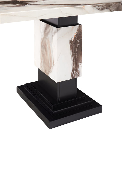 Table de salle à manger Vega de 82 po (L) avec imitation de marbre et base piédestal - noire et blanche