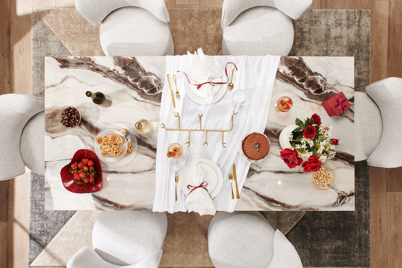 Table de salle à manger Vega de 82 po (L) avec imitation de marbre et base piédestal - noire et blanche