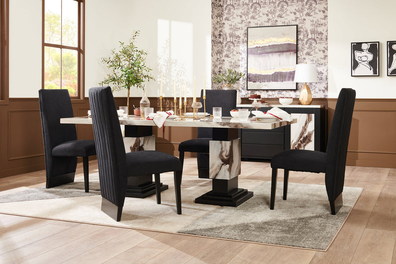 Table de salle à manger Vega de 82 po (L) avec imitation de marbre et base piédestal - noire et blanche