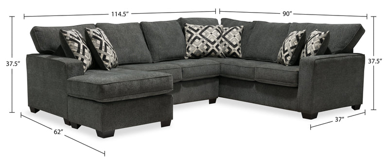 Sofa sectionnel de droite Verona 2 pièces fabriqué au Canada en tissu d’apparence lin avec coussins amovibles - gris anthracite