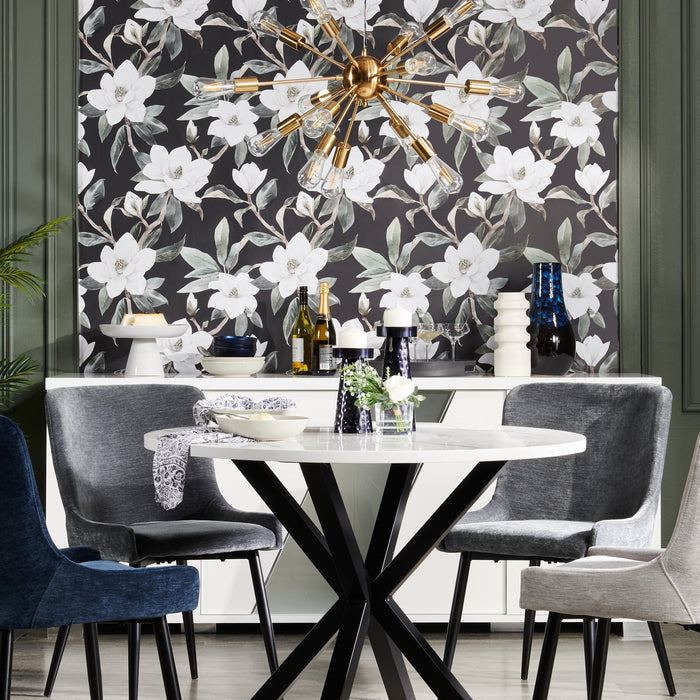 Table de salle à manger ronde Verona de 42 po (L) en métal avec dessus en marbre synthétique et base géométrique - blanche