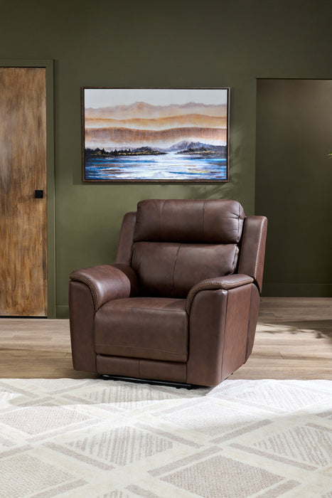 Fauteuil de massage à inclinaison électrique Vibe de 40 po en cuir véritable avec son immersif et appuie-tête électrique - brun