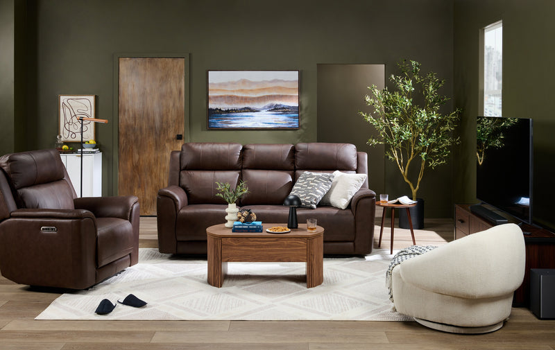 Sofa de massage à inclinaison électrique Vibe de 85 po en cuir véritable avec son immersif et appuie-têtes électriques - brun