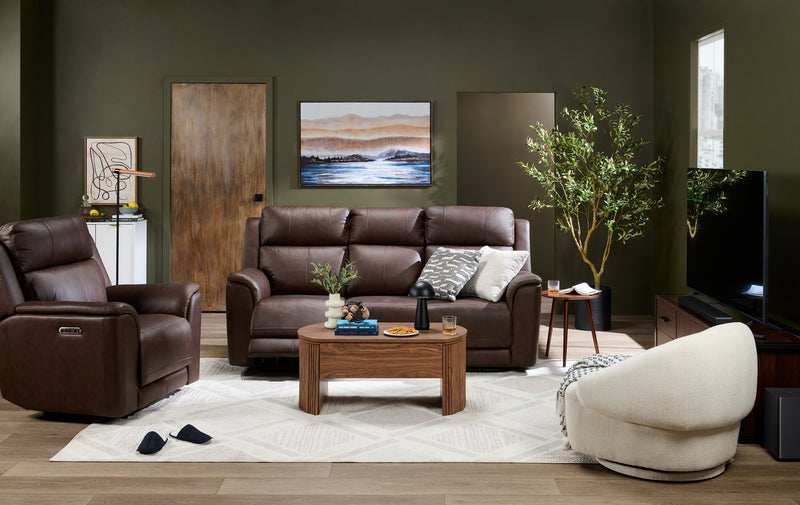 Sofa de massage à inclinaison électrique Vibe de 85 po en cuir véritable avec son immersif et appuie-têtes électriques - brun