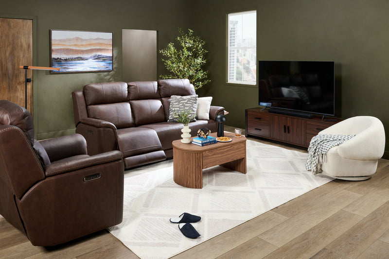 Sofa de massage à inclinaison électrique Vibe de 85 po en cuir véritable avec son immersif et appuie-têtes électriques - brun