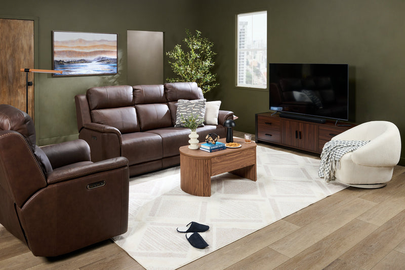 Sofa de massage à inclinaison électrique Vibe de 85 po en cuir véritable avec son immersif et appuie-têtes électriques - brun