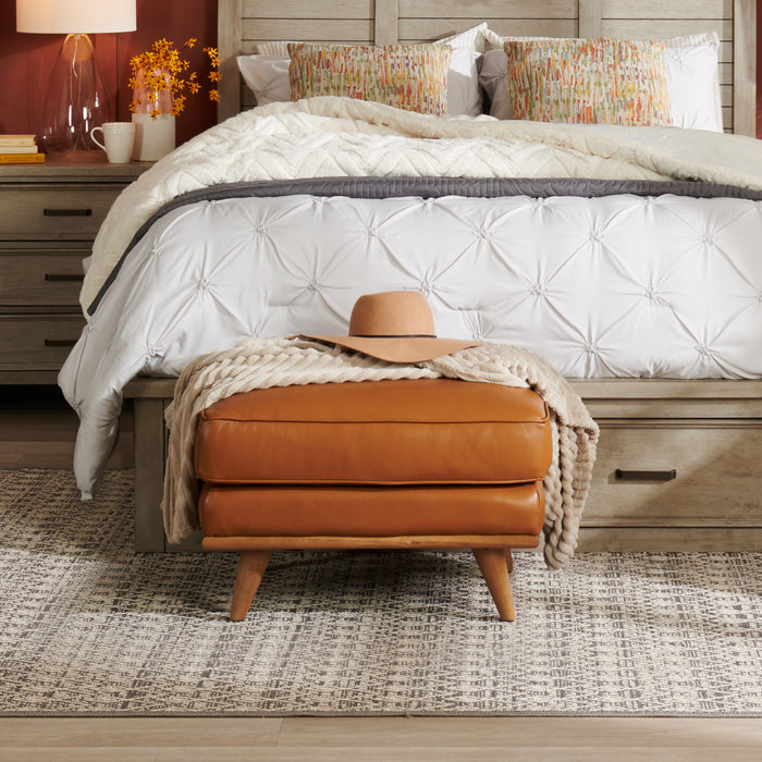 Pouf Vivia de 28 po en cuir véritable avec base en bois - brun caramel 