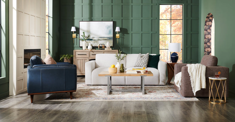 Fauteuil Vivia de 40 po en cuir véritable avec coussin de siège amovible et base en bois - bleu marine