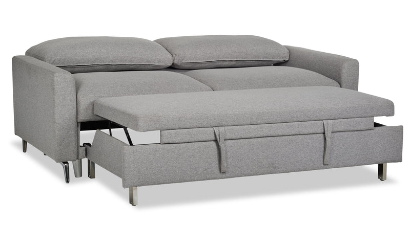 Sofa-lit Wilson de 77,5 po en tissu d’apparence lin avec coussins de dossier rabattables et pattes en métal - gris Solis 