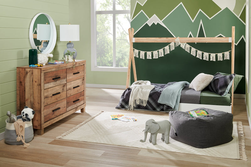 Lit plateforme Wolf en forme de tente pour enfants, deux teintes, blanc et naturel - format lit simple