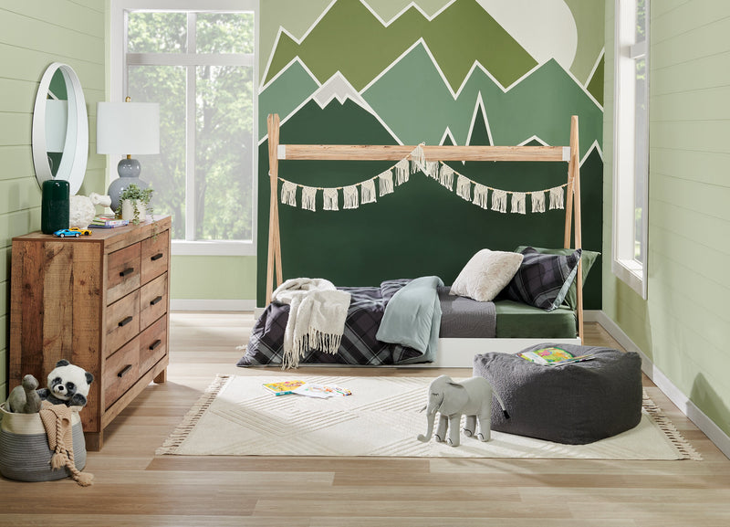 Lit plateforme Wolf en forme de tente pour enfants, deux teintes, blanc et naturel - format lit simple