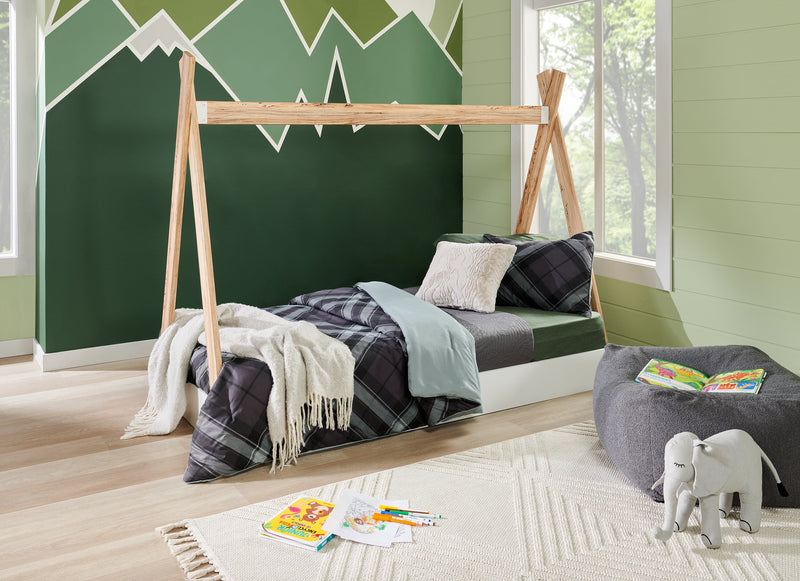 Lit plateforme Wolf en forme de tente pour enfants, deux teintes, blanc et naturel - format lit simple