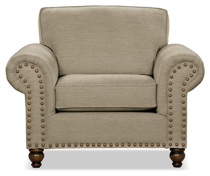 Fauteuil Wynn de 47 po fabriqué au Canada en tissu de chenille avec bordure de clous décoratifs et pattes en oignon en bois - taupe 