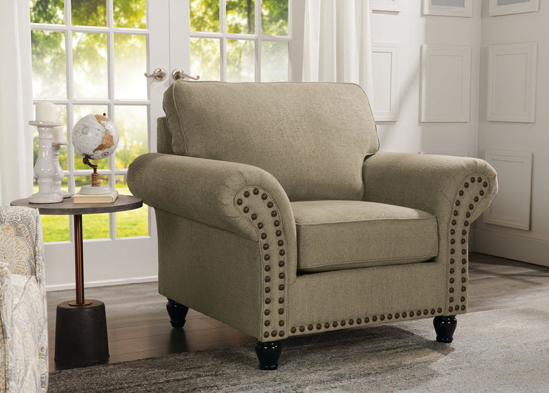Fauteuil Wynn de 47 po fabriqué au Canada en tissu de chenille avec bordure de clous décoratifs et pattes en oignon en bois - taupe 