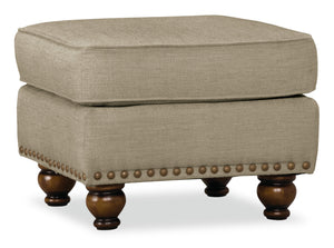 Pouf Wynn de 24 po fabriqué au Canada en tissu de chenille avec bordure de clous décoratifs et pattes en oignon en bois - taupe