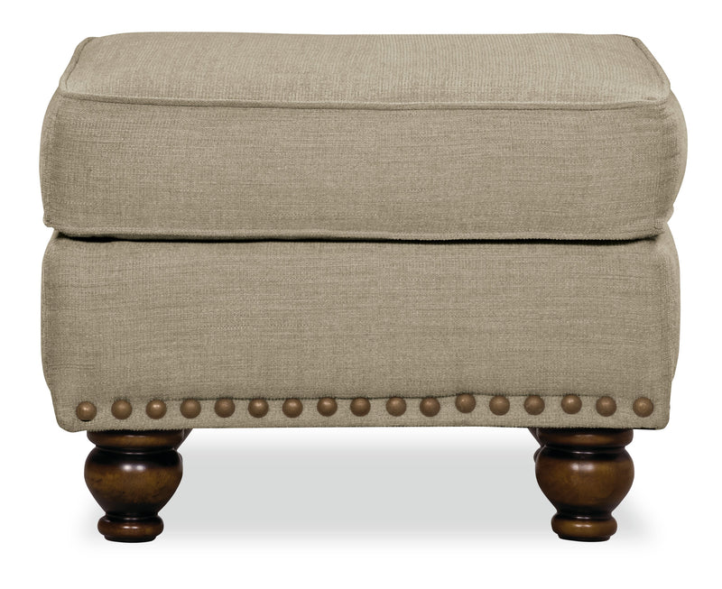 Pouf Wynn de 24 po fabriqué au Canada en tissu de chenille avec bordure de clous décoratifs et pattes en oignon en bois - taupe
