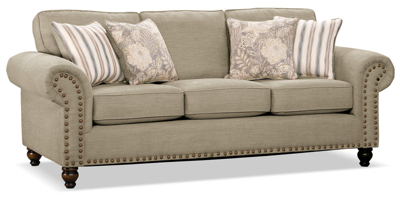 Sofa Wynn de 93 po fabriqué au Canada en tissu de chenille avec bordure de clous décoratifs et pattes en oignon en bois - taupe
