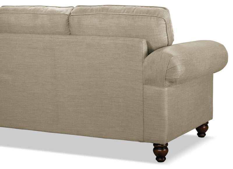 Sofa Wynn de 93 po fabriqué au Canada en tissu de chenille avec bordure de clous décoratifs et pattes en oignon en bois - taupe