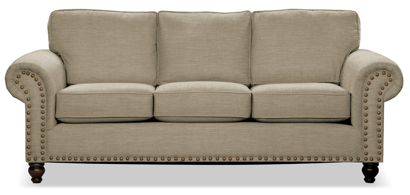 Sofa Wynn de 93 po fabriqué au Canada en tissu de chenille avec bordure de clous décoratifs et pattes en oignon en bois - taupe