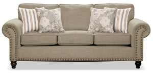 Sofa Wynn de 93 po fabriqué au Canada en tissu de chenille avec bordure de clous décoratifs et pattes en oignon en bois - taupe