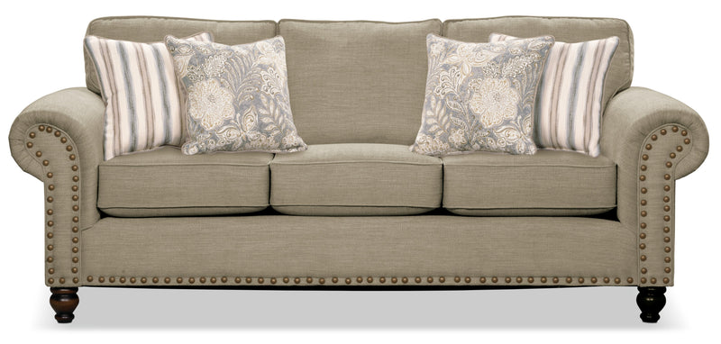 Sofa Wynn de 93 po fabriqué au Canada en tissu de chenille avec bordure de clous décoratifs et pattes en oignon en bois - taupe