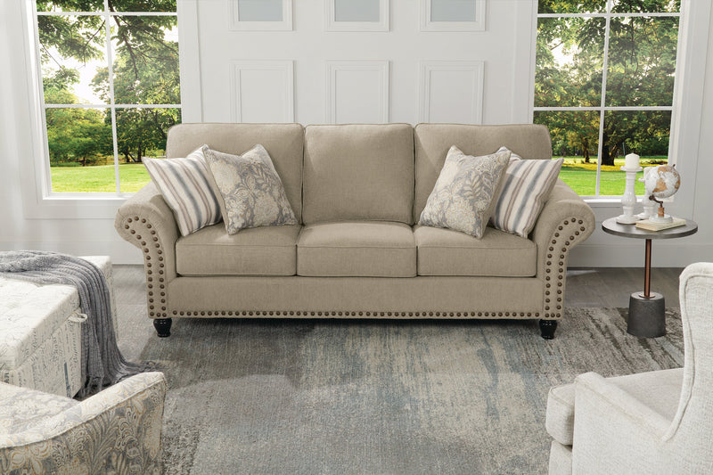 Sofa Wynn de 93 po fabriqué au Canada en tissu de chenille avec bordure de clous décoratifs et pattes en oignon en bois - taupe