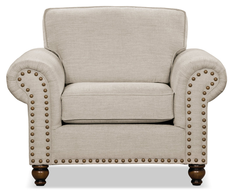 Fauteuil Wynn de 47 po fabriqué au Canada en tissu de chenille avec bordure de clous décoratifs et pattes en oignon en bois - beige lin