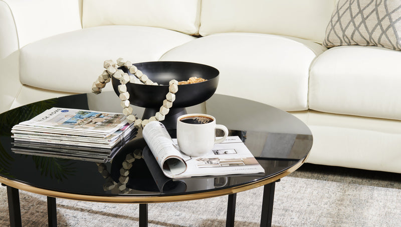 Table à café ronde moderne Xander de 36 po avec dessus en verre - noire et dorée avec pattes en métal