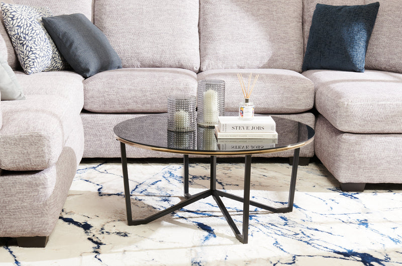 Table à café ronde moderne Xander de 36 po avec dessus en verre - noire et dorée avec pattes en métal