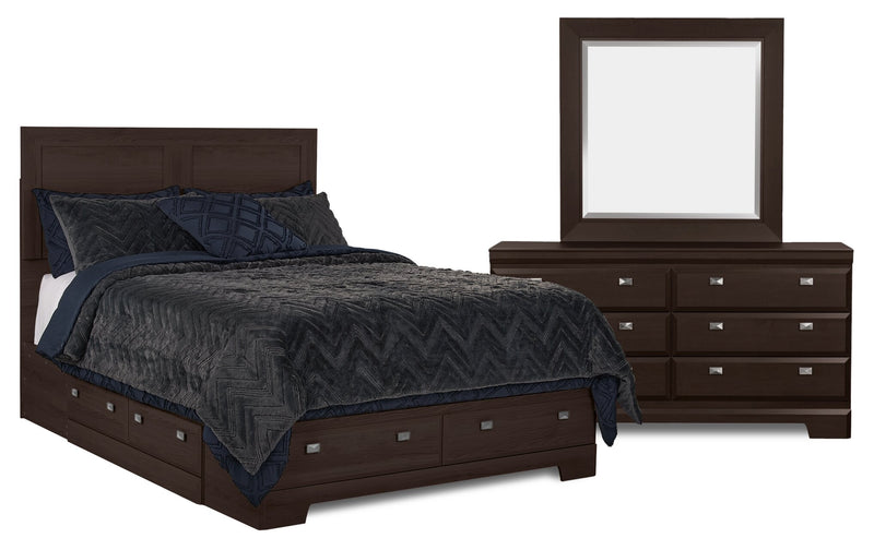 Ensemble de chambre à coucher Yorkdale 5 pièces fabriqué au Canada avec lit de rangement à 6 tiroirs, commode et miroir, brun - format grand lit