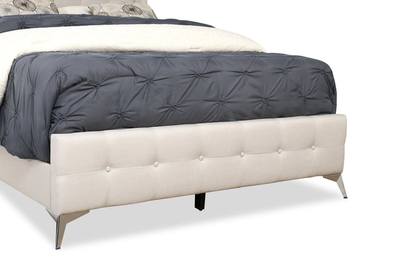 Lit rembourré Zara en tissu d’apparence lin beige avec capitonnage à boutons - format grand lit