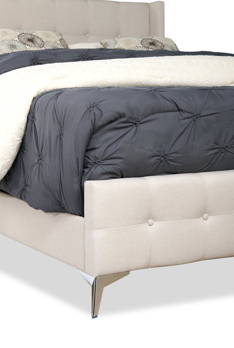 Lit rembourré Zara en tissu d’apparence lin beige avec capitonnage à boutons - format grand lit