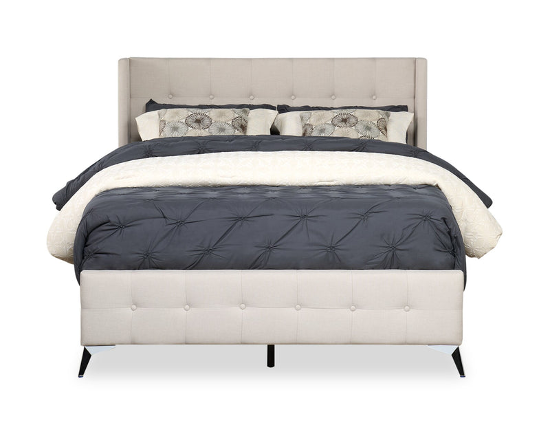 Lit rembourré Zara en tissu d’apparence lin beige avec capitonnage à boutons - format grand lit