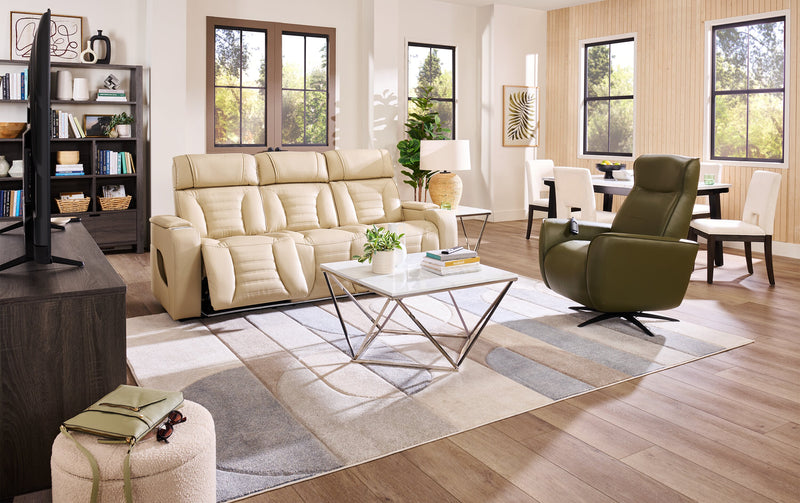 Sofa de massage à inclinaison électrique Zen de 86 po en tissu d’apparence cuir avec appuie-têtes électriques et console rabattable - abricot